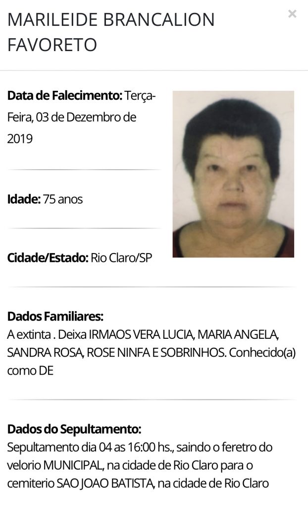 Falecimentos e Sepultamentos – 03/12/2019 – 04/12/2019 - Grupo Rio Claro SP