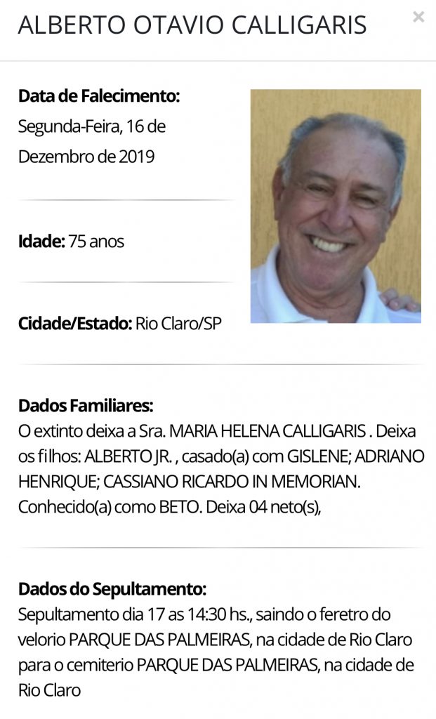Falecimentos e Sepultamentos – 16/12/2019 – 17/12/2019 - Grupo Rio Claro SP