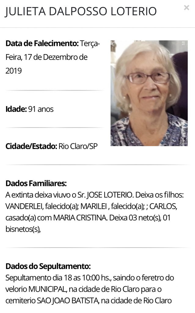 Falecimentos e Sepultamentos – 17/12/2019 – 18/12/2019 - Grupo Rio Claro SP