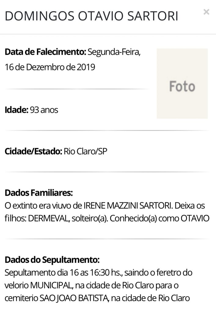 Falecimentos e Sepultamentos – 16/12/2019 – 17/12/2019 - Grupo Rio Claro SP