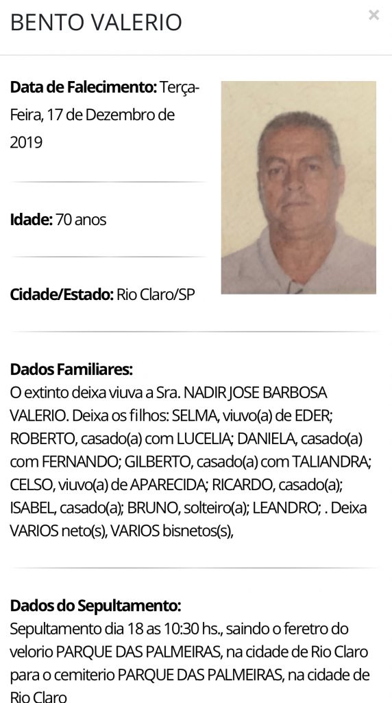 Falecimentos e Sepultamentos – 17/12/2019 – 18/12/2019 - Grupo Rio Claro SP
