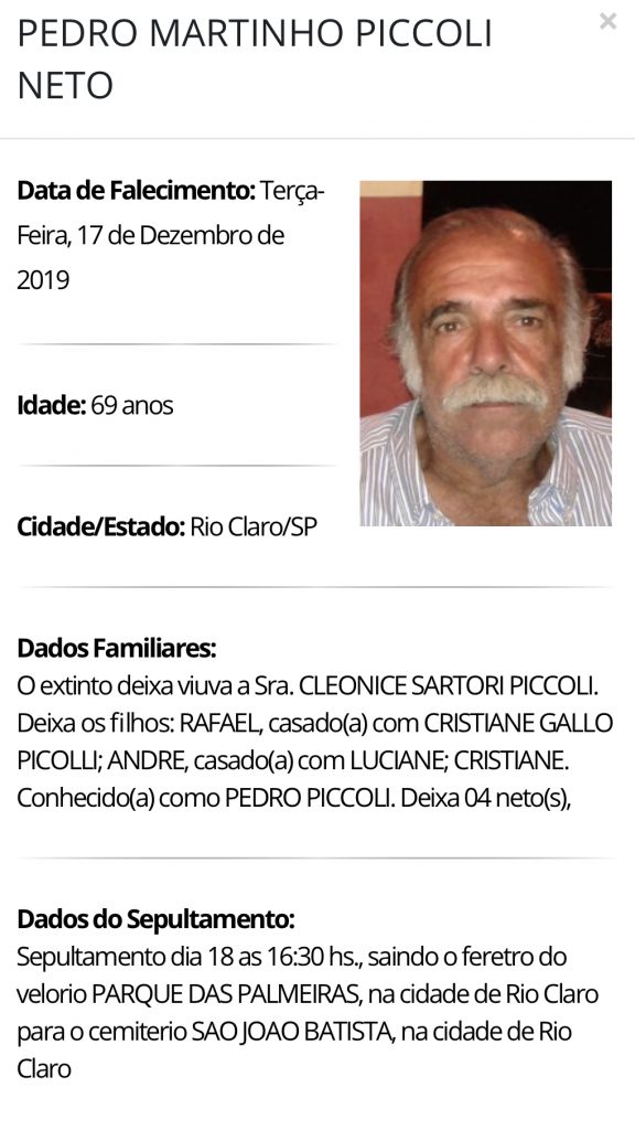 Falecimentos e Sepultamentos – 17/12/2019 – 18/12/2019 - Grupo Rio Claro SP