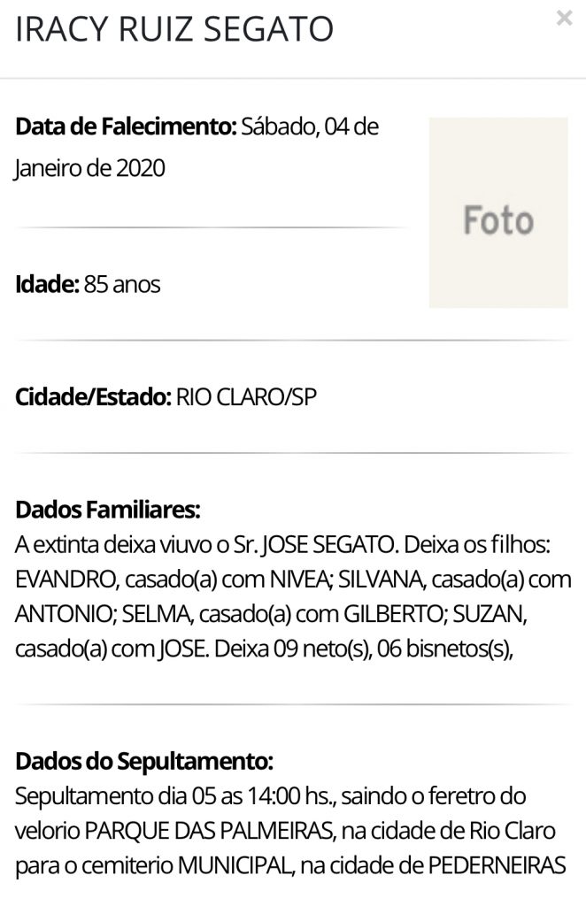 Falecimentos e Sepultamentos – 04/01/2020 – 05/01/2020 - Grupo Rio Claro SP