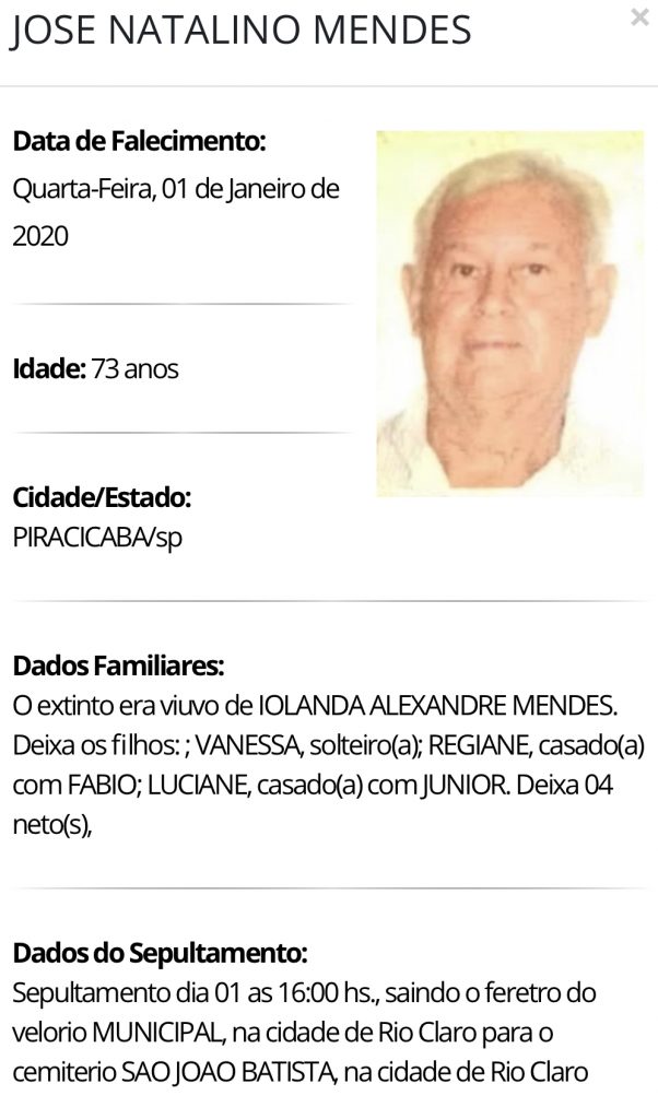 Falecimentos e Sepultamentos – 01/01/2020 – 02/01/2020 - Grupo Rio Claro SP