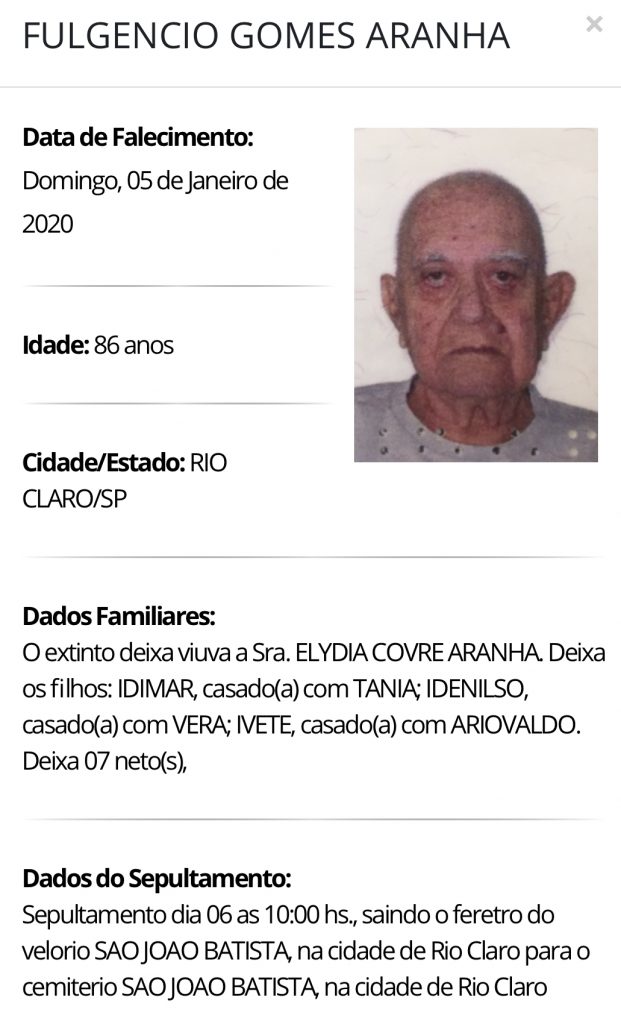 Falecimentos e Sepultamentos – 05/01/2020 – 06/01/2020 - Grupo Rio Claro SP