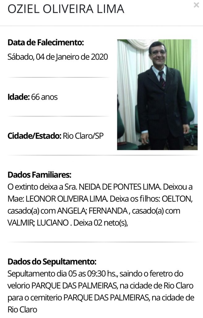 Falecimentos e Sepultamentos – 04/01/2020 – 05/01/2020 - Grupo Rio Claro SP