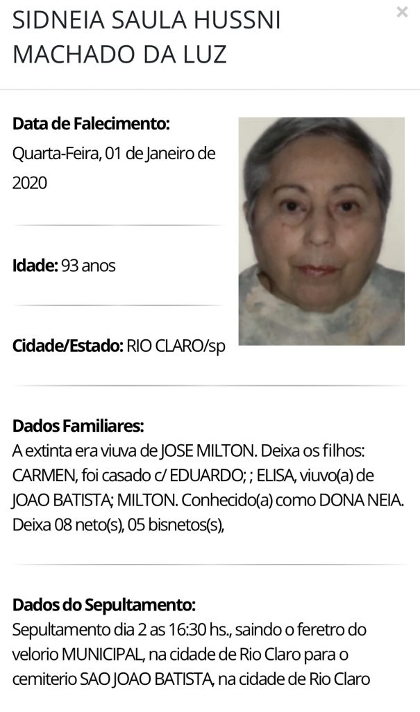 Falecimentos e Sepultamentos – 01/01/2020 – 02/01/2020 - Grupo Rio Claro SP