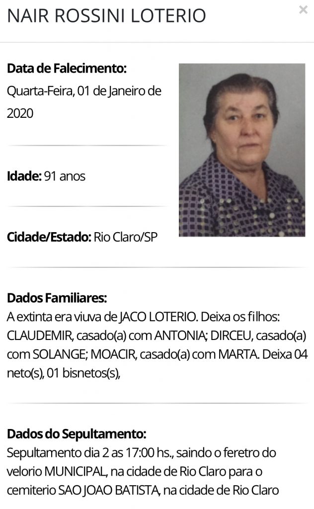 Falecimentos e Sepultamentos – 01/01/2020 – 02/01/2020 - Grupo Rio Claro SP
