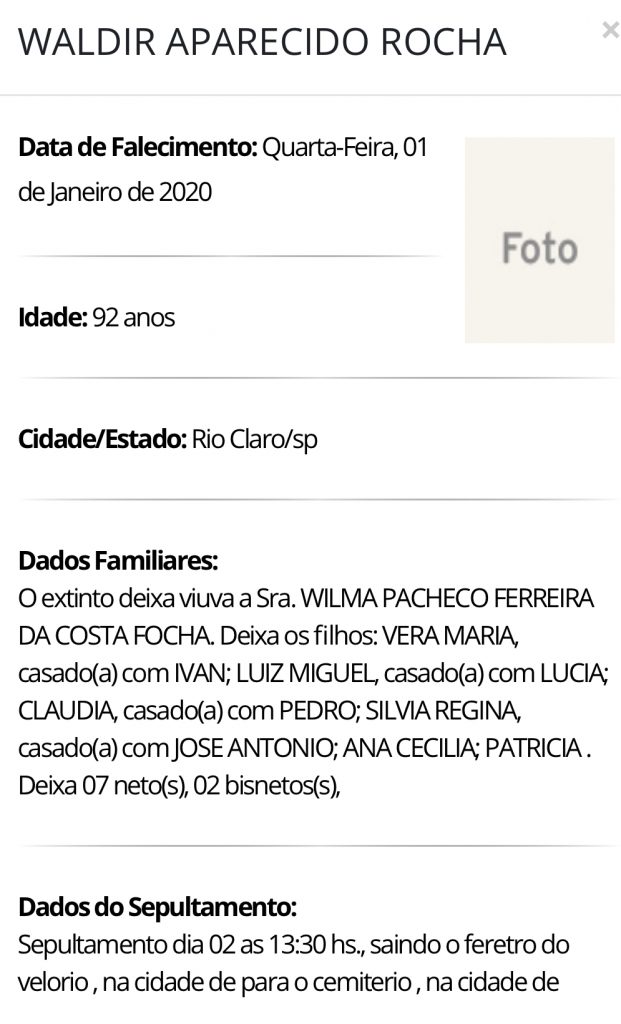 Falecimentos e Sepultamentos – 01/01/2020 – 02/01/2020 - Grupo Rio Claro SP
