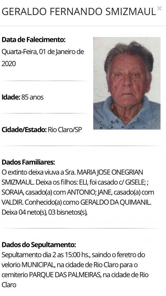 Falecimentos e Sepultamentos – 01/01/2020 – 02/01/2020 - Grupo Rio Claro SP