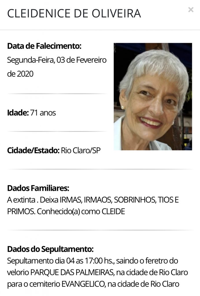 Falecimentos e Sepultamentos – 03/02/2020 – 04/02/2020 - Grupo Rio Claro SP