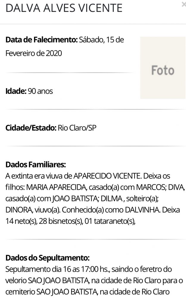 Falecimentos e Sepultamentos – 15/02/2020 – 16/02/2020 - Grupo Rio Claro SP