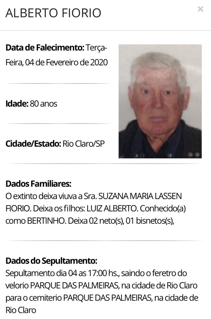 Falecimentos e Sepultamentos – 04/02/2020 – 05/02/2020 - Grupo Rio Claro SP