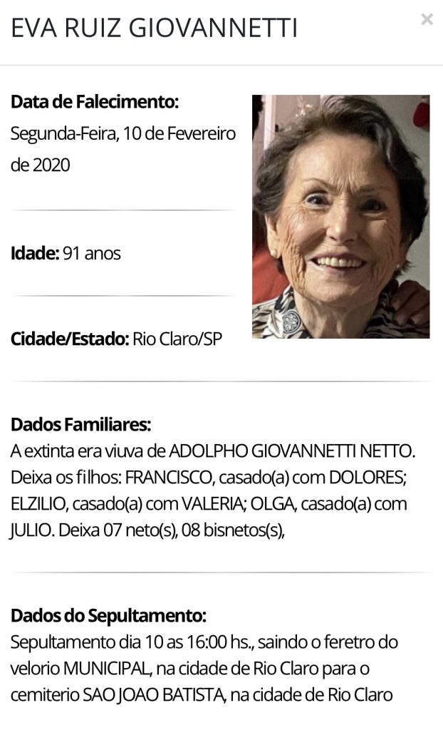Falecimentos e Sepultamentos – 10/02/2020 – 11/02/2020 - Grupo Rio Claro SP