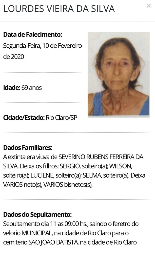 Falecimentos e Sepultamentos – 10/02/2020 – 11/02/2020 - Grupo Rio Claro SP