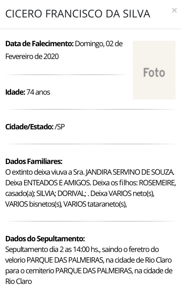 Falecimentos e Sepultamentos – 02/02/2020 – 03/02/2020 - Grupo Rio Claro SP