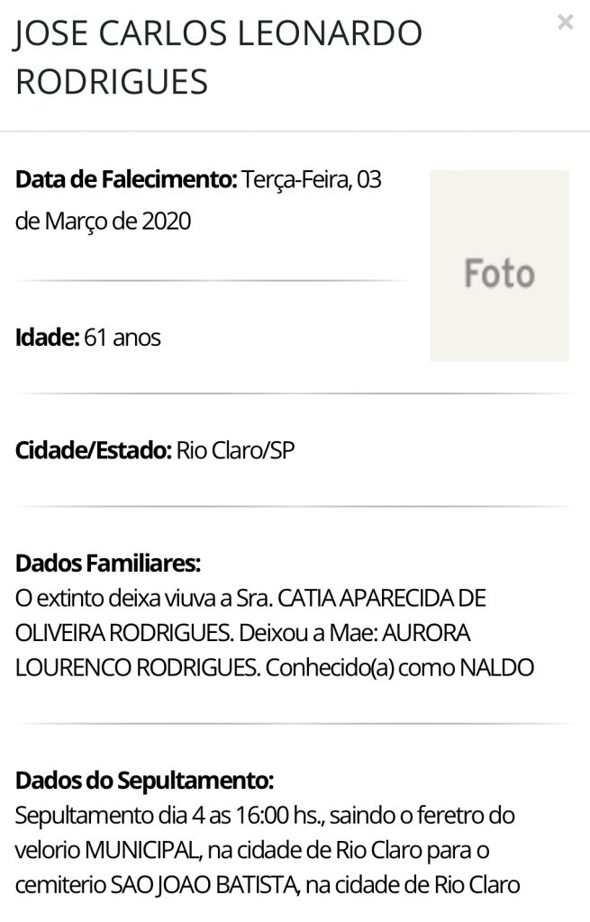 Falecimentos e Sepultamentos – 03/03/2020 – 04/03/2020 - Grupo Rio Claro SP