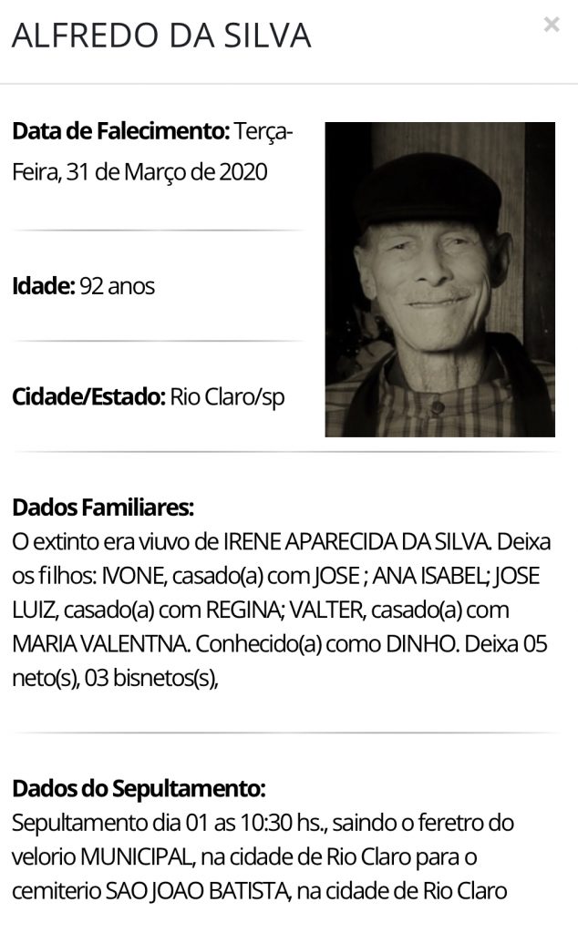 Falecimentos e Sepultamentos – 31/03/2020 – 01/04/2020 - Grupo Rio Claro SP