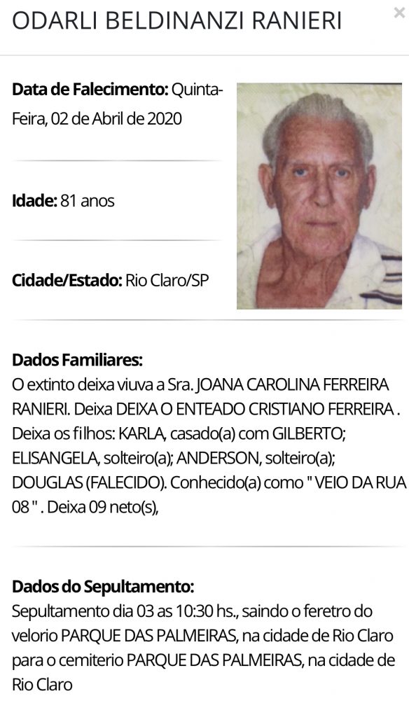 Falecimentos e Sepultamentos – 02/04/2020 – 03/04/2020 - Grupo Rio Claro SP