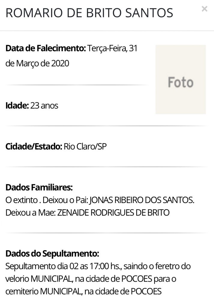 Falecimentos e Sepultamentos – 31/03/2020 – 01/04/2020 - Grupo Rio Claro SP