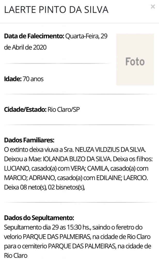 Falecimentos e Sepultamentos – 29/04/2020 – 30/04/2020 - Grupo Rio Claro SP