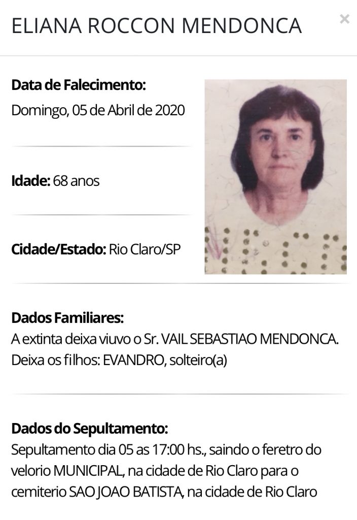 Falecimentos e Sepultamentos – 05/04/2020 – 06/04/2020 - Grupo Rio Claro SP
