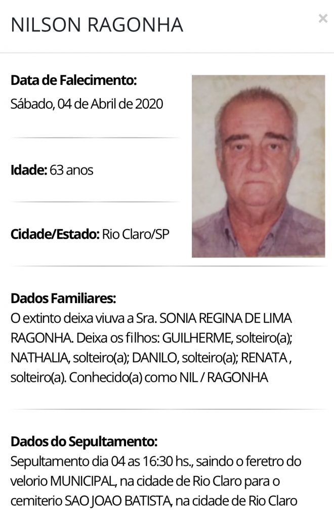 Falecimentos e Sepultamentos – 04/04/2020 – 05/04/2020 - Grupo Rio Claro SP