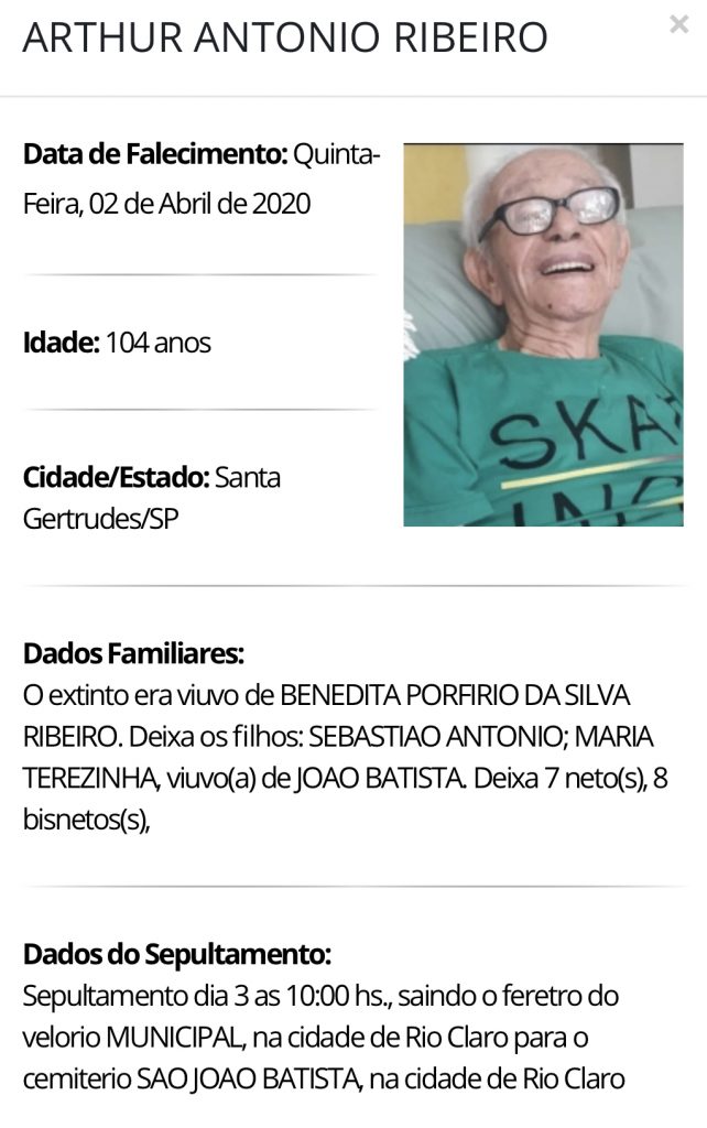 Falecimentos e Sepultamentos – 02/04/2020 – 03/04/2020 - Grupo Rio Claro SP