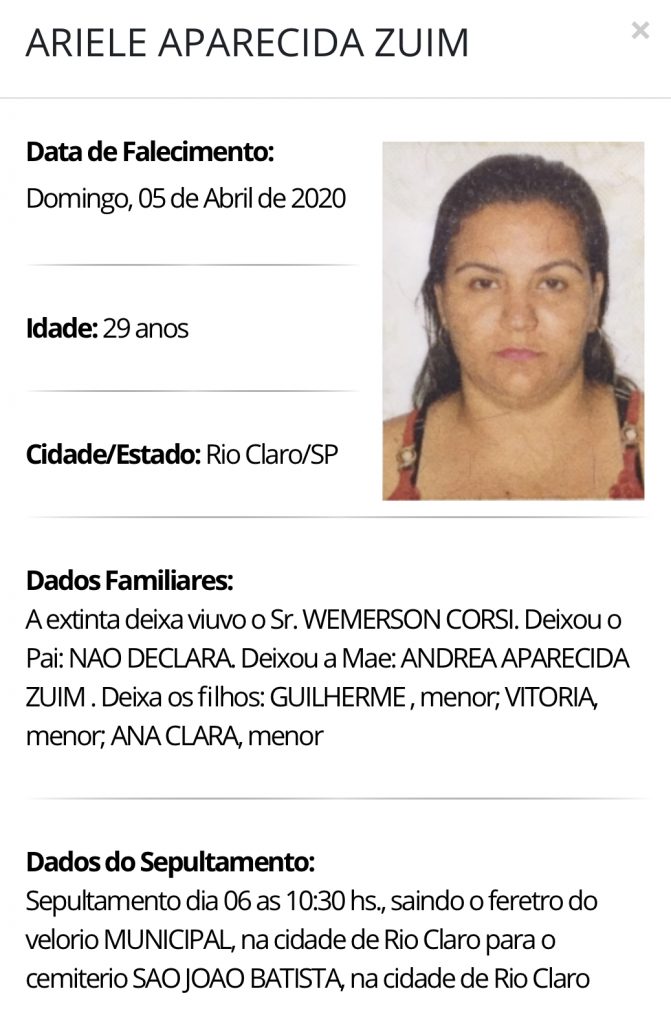 Falecimentos e Sepultamentos – 05/04/2020 – 06/04/2020 - Grupo Rio Claro SP