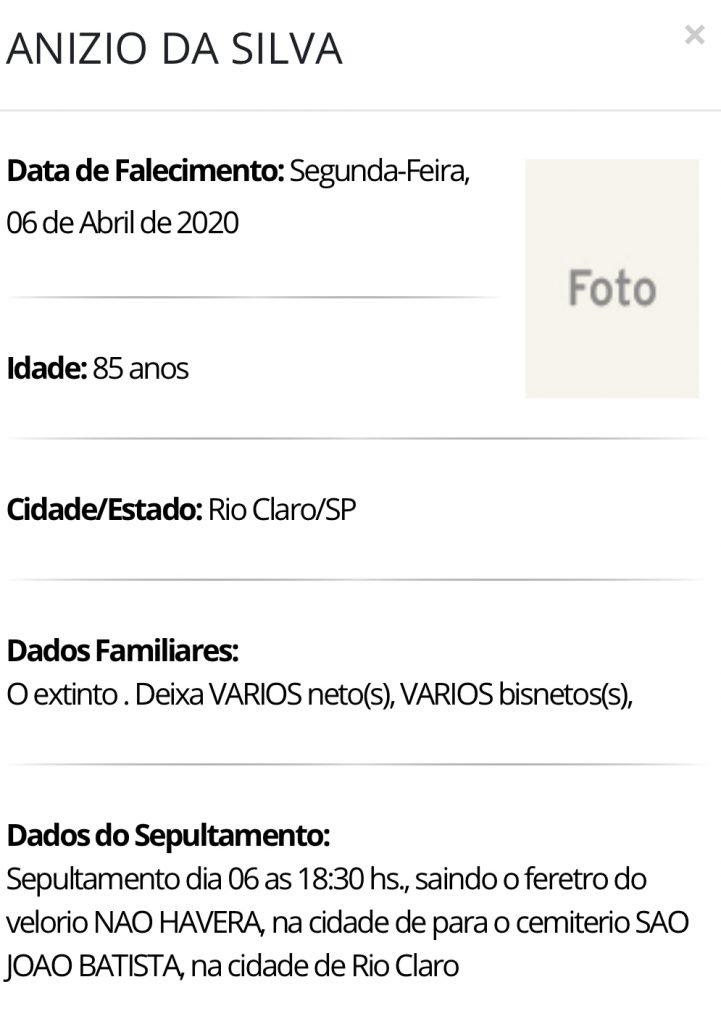 Falecimentos e Sepultamentos – 06/04/2020 – 07/04/2020 - Grupo Rio Claro SP