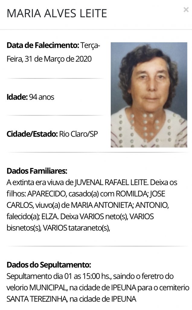Falecimentos e Sepultamentos – 31/03/2020 – 01/04/2020 - Grupo Rio Claro SP