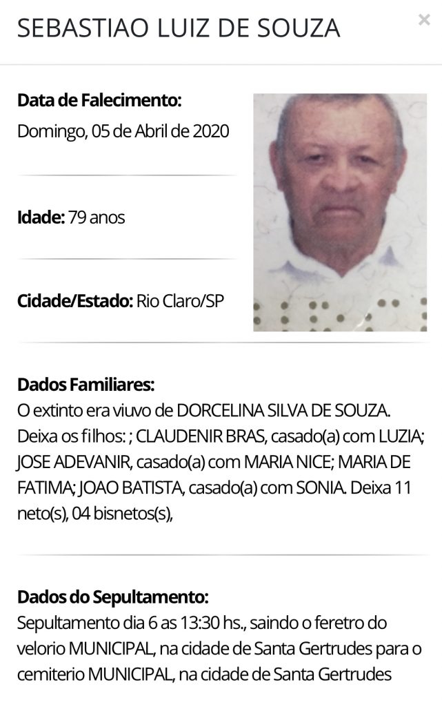 Falecimentos e Sepultamentos – 05/04/2020 – 06/04/2020 - Grupo Rio Claro SP