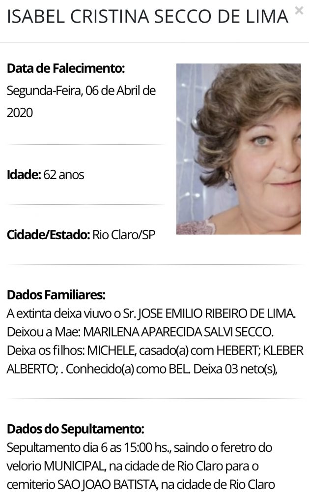 Falecimentos e Sepultamentos – 06/04/2020 – 07/04/2020 - Grupo Rio Claro SP