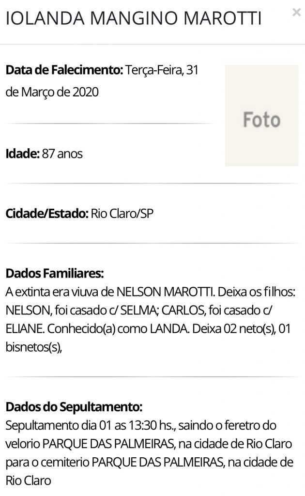 Falecimentos e Sepultamentos – 31/03/2020 – 01/04/2020 - Grupo Rio Claro SP