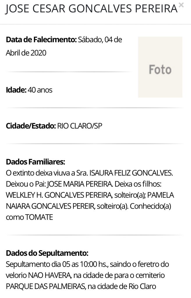 Falecimentos e Sepultamentos – 04/04/2020 – 05/04/2020 - Grupo Rio Claro SP