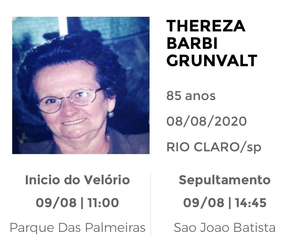 Falecimentos e Sepultamentos – 08/08/2020 – 09/08/2020 - Grupo Rio Claro SP Falecimentos e Sepultamentos – 08/08/2020 – 09/08/2020 - Grupo Rio Claro SP
