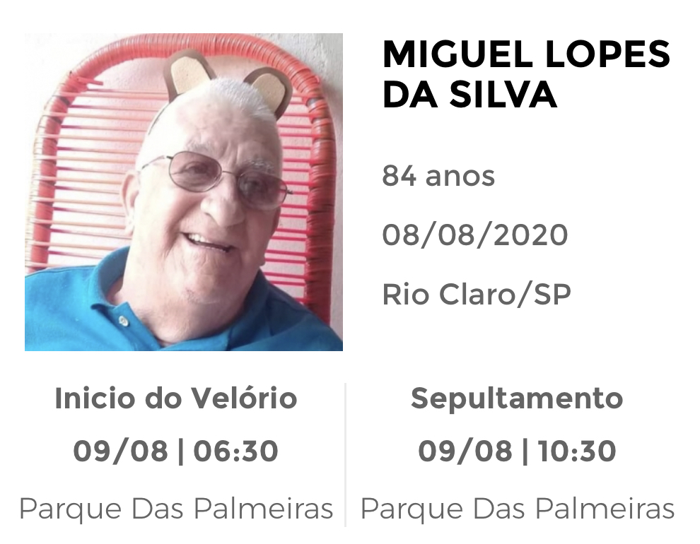 Falecimentos e Sepultamentos – 08/08/2020 – 09/08/2020 - Grupo Rio Claro SP Falecimentos e Sepultamentos – 08/08/2020 – 09/08/2020 - Grupo Rio Claro SP