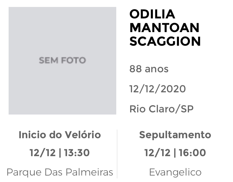 Falecimentos e Sepultamentos – 12/12/2020 – 13/12/2020 - Grupo Rio Claro SP Falecimentos e Sepultamentos – 12/12/2020 – 13/12/2020 - Grupo Rio Claro SP