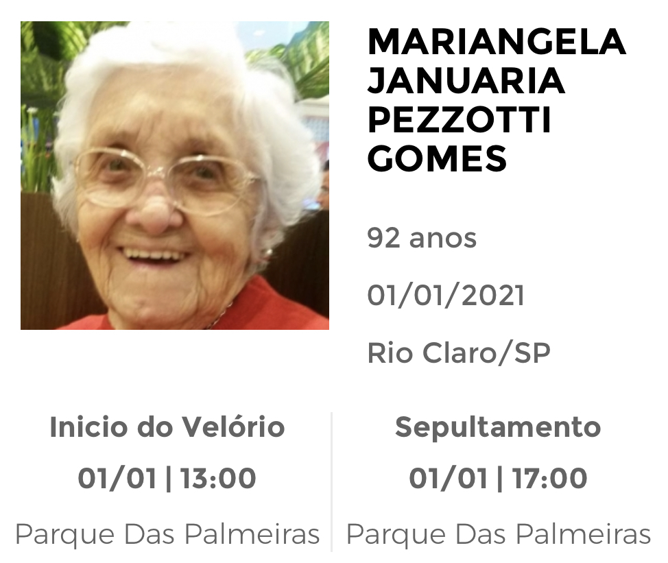 Falecimentos e Sepultamentos – 01/01/2021 – 02/01/2021 - Grupo Rio Claro SP Falecimentos e Sepultamentos – 01/01/2021 – 02/01/2021 - Grupo Rio Claro SP