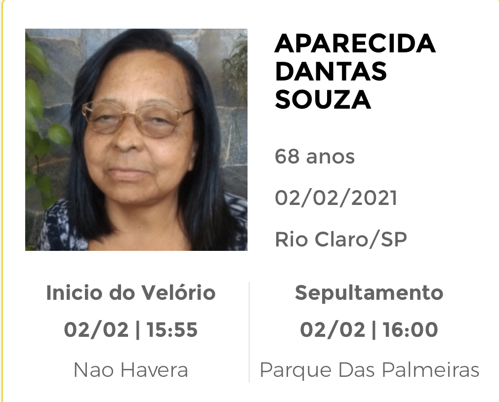 Falecimentos e Sepultamentos – 02/02/2021 – 03/02/2021 - Grupo Rio Claro SP Falecimentos e Sepultamentos – 02/02/2021 – 03/02/2021 - Grupo Rio Claro SP