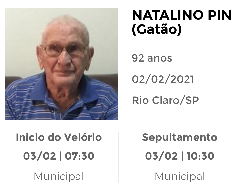 Falecimentos e Sepultamentos – 02/02/2021 – 03/02/2021 - Grupo Rio Claro SP Falecimentos e Sepultamentos – 02/02/2021 – 03/02/2021 - Grupo Rio Claro SP