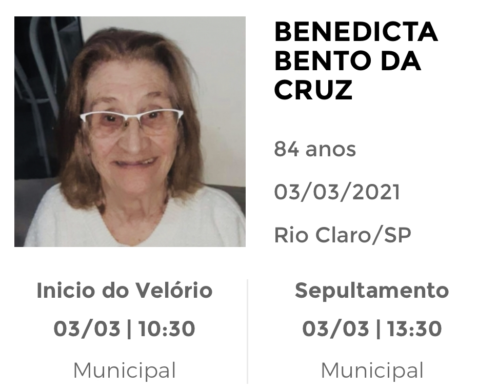 Falecimentos e Sepultamentos – 03/03/2021 – 04/03/2021 - Grupo Rio Claro SP Falecimentos e Sepultamentos – 03/03/2021 – 04/03/2021 - Grupo Rio Claro SP
