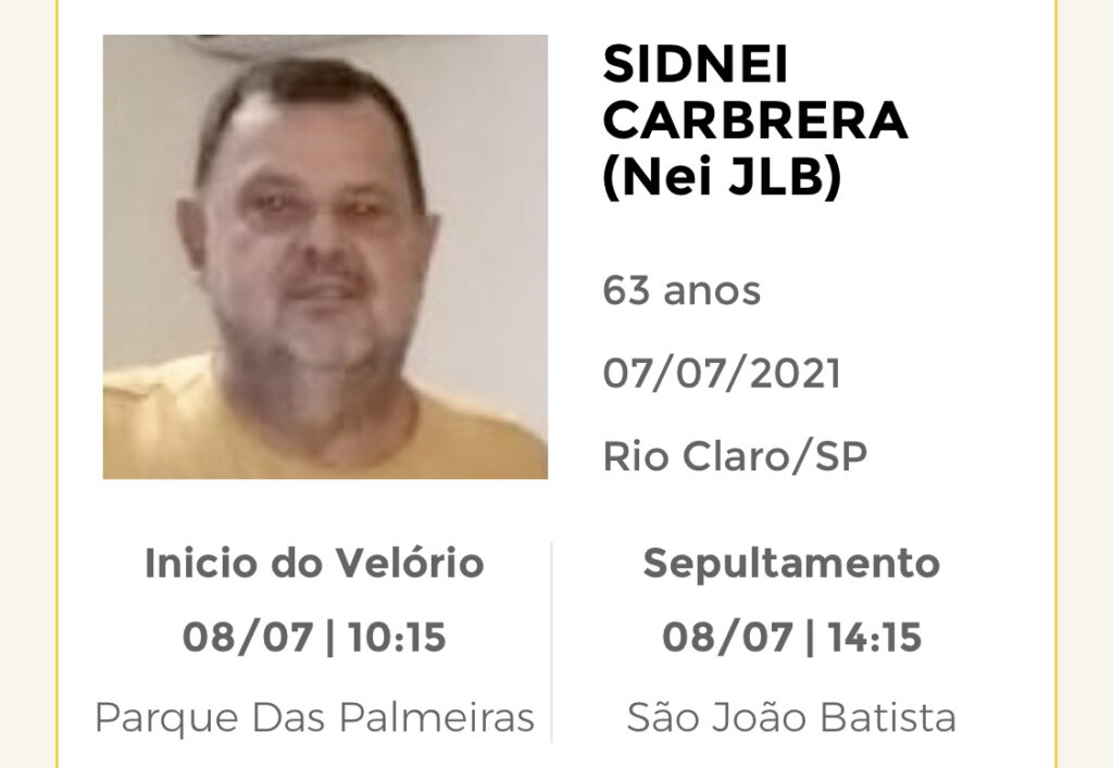 Falecimentos e Sepultamentos – 07/07/2021 – 08/07/2021 - Grupo Rio Claro SP Falecimentos e Sepultamentos – 07/07/2021 – 08/07/2021 - Grupo Rio Claro SP