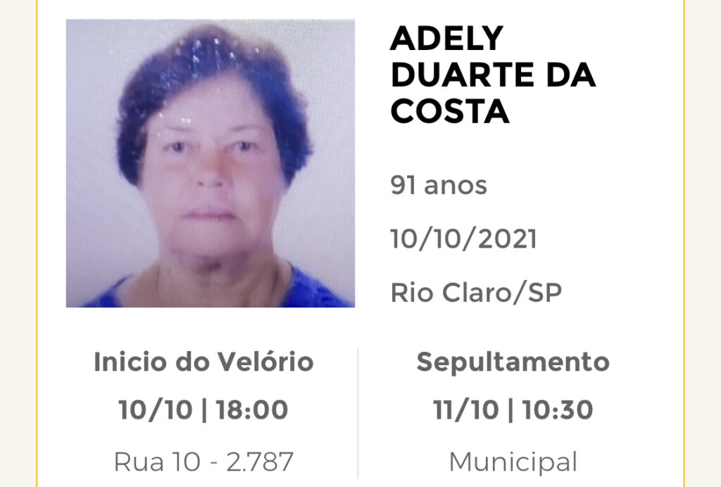Falecimentos e Sepultamentos – 10/10/2021 – 11/10/2021 - Grupo Rio Claro SP