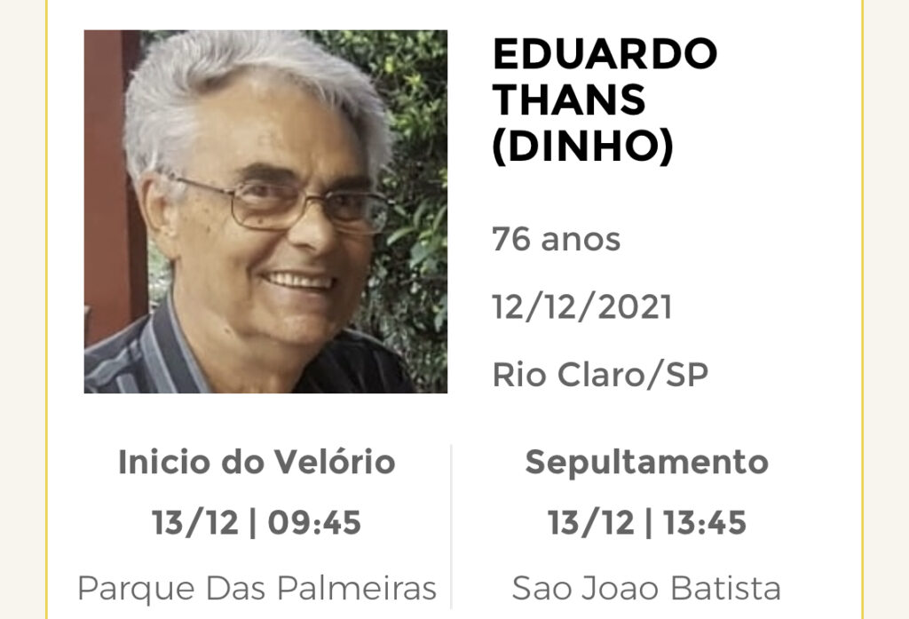 Falecimentos e Sepultamentos – 12/12/2021 – 13/12/2021 - Grupo Rio Claro SP Falecimentos e Sepultamentos – 12/12/2021 – 13/12/2021 - Grupo Rio Claro SP
