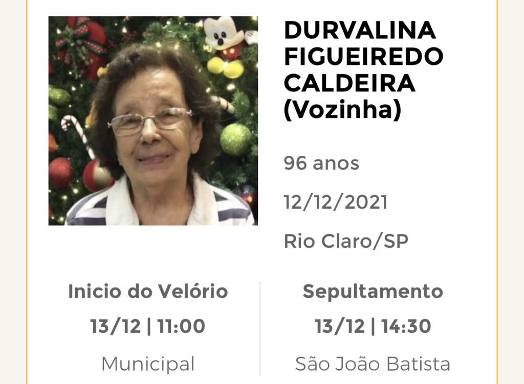 Falecimentos e Sepultamentos – 12/12/2021 – 13/12/2021 - Grupo Rio Claro SP Falecimentos e Sepultamentos – 12/12/2021 – 13/12/2021 - Grupo Rio Claro SP
