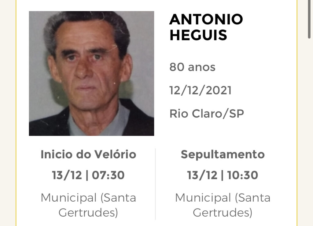 Falecimentos e Sepultamentos – 12/12/2021 – 13/12/2021 - Grupo Rio Claro SP Falecimentos e Sepultamentos – 12/12/2021 – 13/12/2021 - Grupo Rio Claro SP