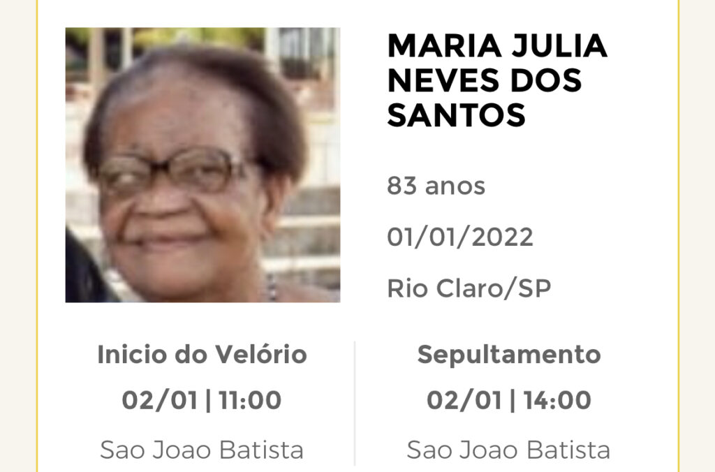 Falecimentos e Sepultamentos – 01/01/2022 – 02/01/2022 - Grupo Rio Claro SP Falecimentos e Sepultamentos – 01/01/2022 – 02/01/2022 - Grupo Rio Claro SP