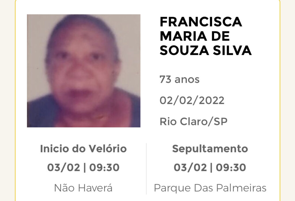 Falecimentos e Sepultamentos – 02/02/2022 – 03/02/2022 - Grupo Rio Claro SP Falecimentos e Sepultamentos – 02/02/2022 – 03/02/2022 - Grupo Rio Claro SP