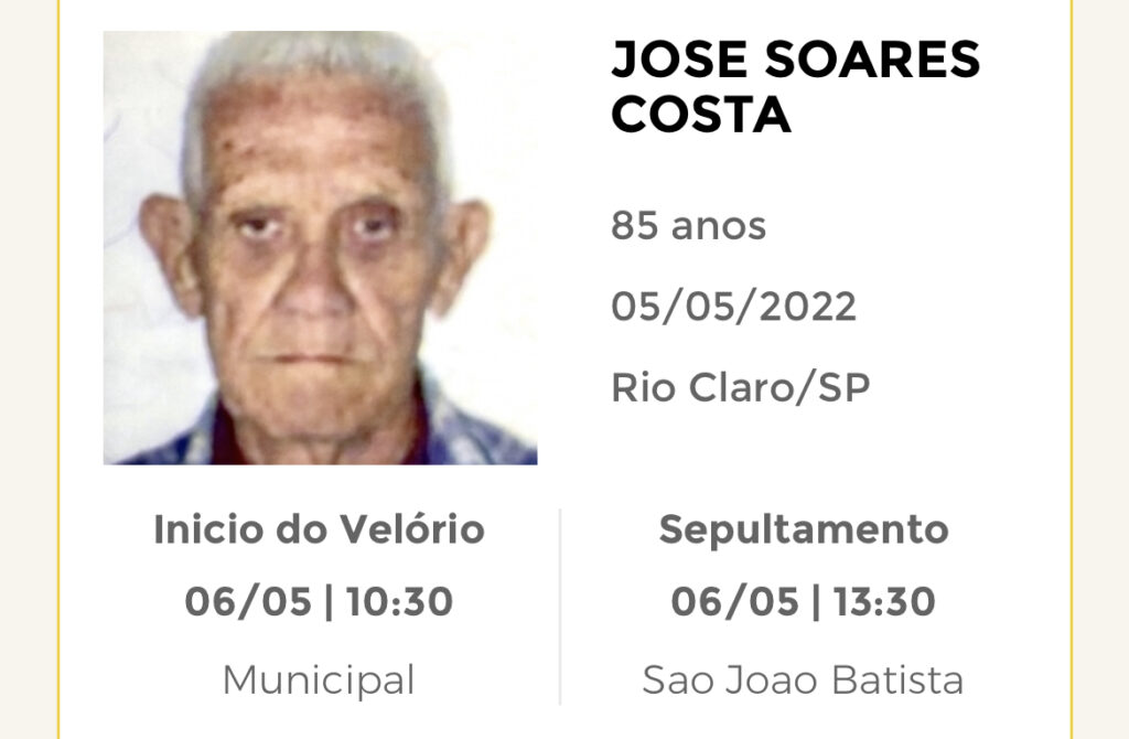 Falecimentos e Sepultamentos – 05/05/2022 – 06/05/2022    - Grupo Rio Claro SP